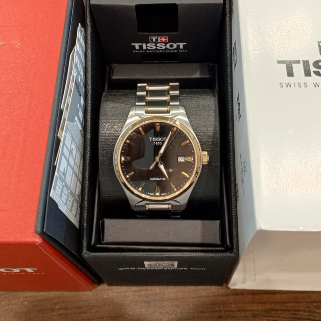 ساعة تيسو أوتوماتيكية ثنائية اللون من الفولاذ المقاوم للصدأ، مينا أسود، للرجال - Tissot T060.407.22.051.00