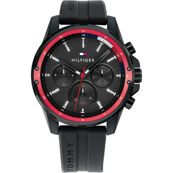 Tommy Hilfiger Mason Black Silicone Strap Black Dial Chronograph Quartz Watch for Gents - 1791793