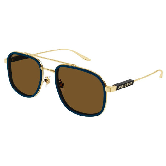 نظارات شمسية غوتشي GG1310S 003 بتصميم طيار - إطار معدني ذهبي مع جسر علوي بلاستيكي أزرق-بني / عدسات نايلون بنية - 56 مم