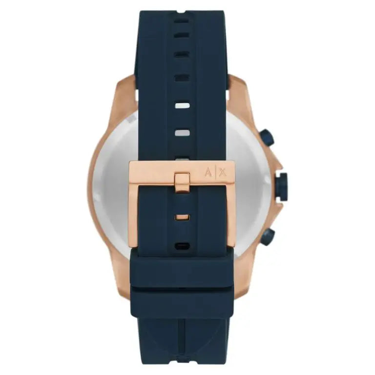 Armani Exchange Men’s Quartz Blue Silicone Strap Rose Gold Dial 44mm Watch AX1730