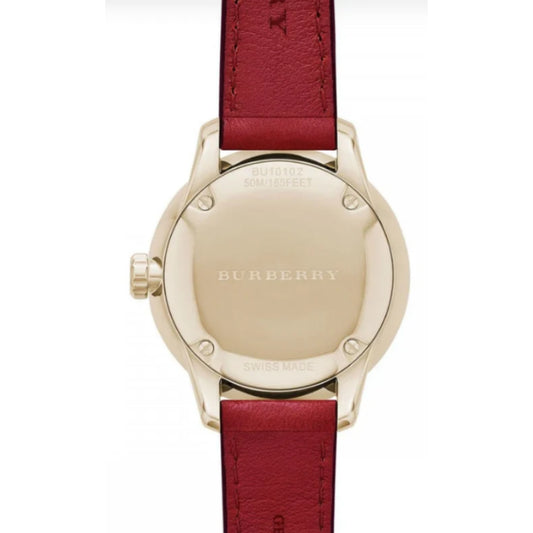 Burberry Women’s Swiss Made Quartz Red Leather Strap Gold Dial 32mm Watch BU10102