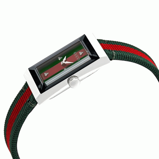 Gucci Women’s Swiss Made Quartz Red & Green Nylon Strap Red & Green Dial 21mm Watch YA147404