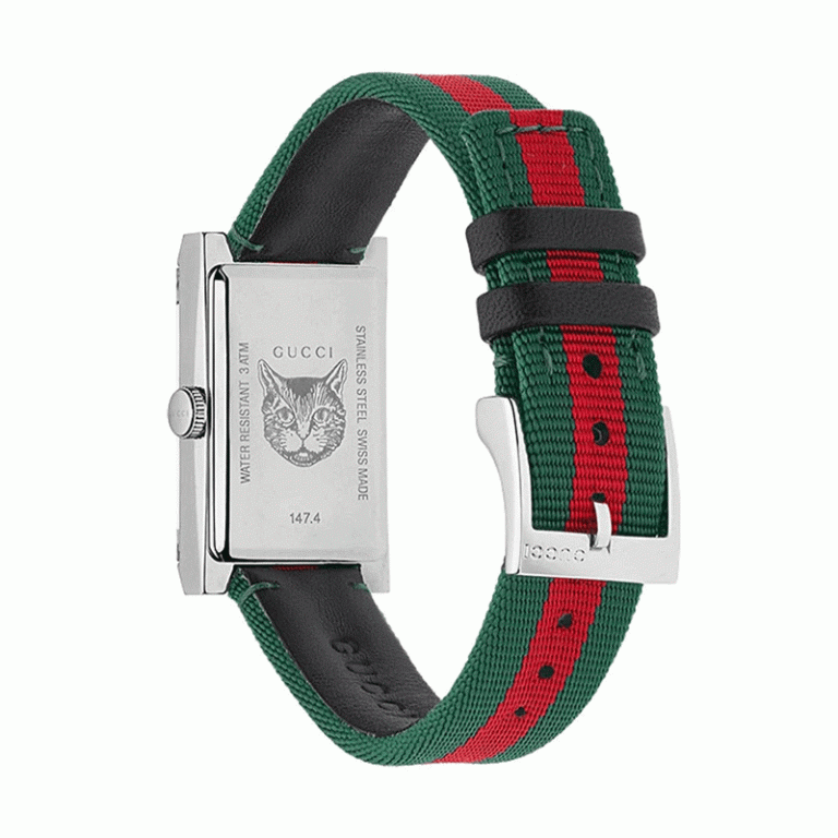 Gucci Women’s Swiss Made Quartz Red & Green Nylon Strap Red & Green Dial 21mm Watch YA147404