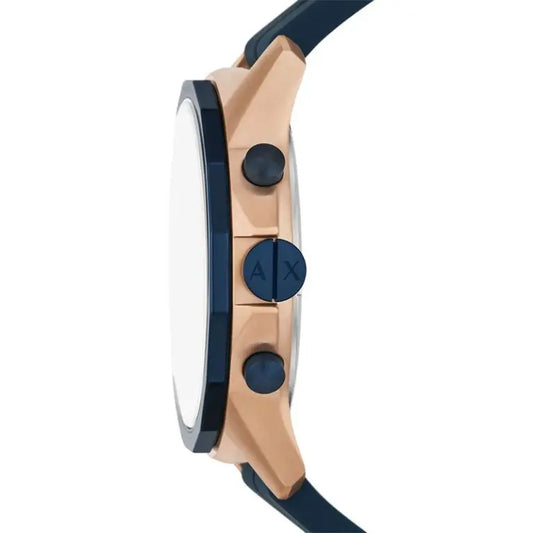 Armani Exchange Men’s Quartz Blue Silicone Strap Rose Gold Dial 44mm Watch AX1730