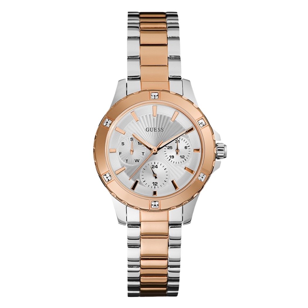 ساعة Guess Mist ثنائية اللون من الفولاذ المقاوم للصدأ، مينا فضي، كوارتز، للنساء - W0443L4