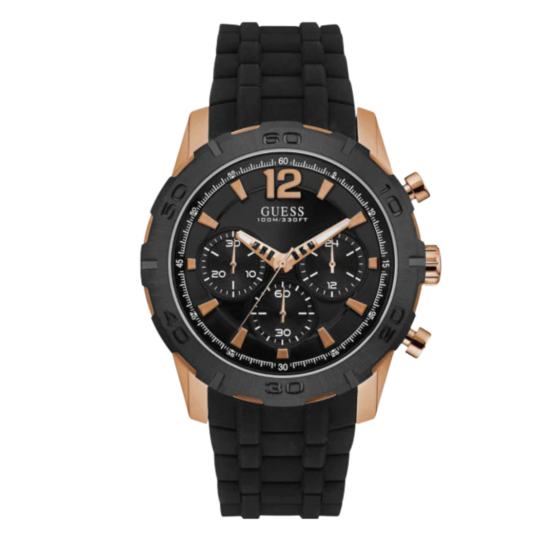 ساعة Guess Caliber كرونوغراف كوارتز للرجال، بسوار سيليكون أسود ومينا أسود - W0864G2