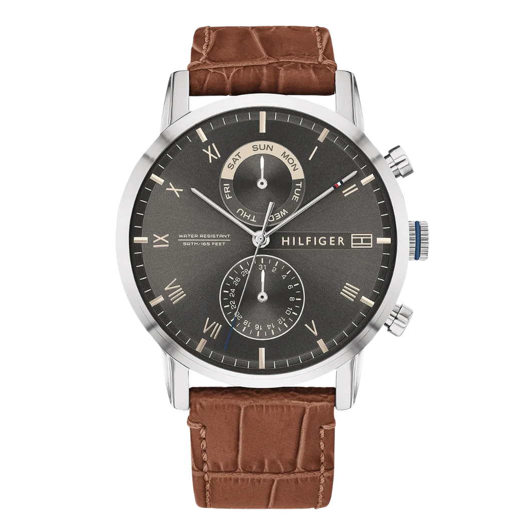 Tommy Hilfiger Kane Brown Leather Strap Black Dial Chronograph Quartz Watch for Gents - 1710398