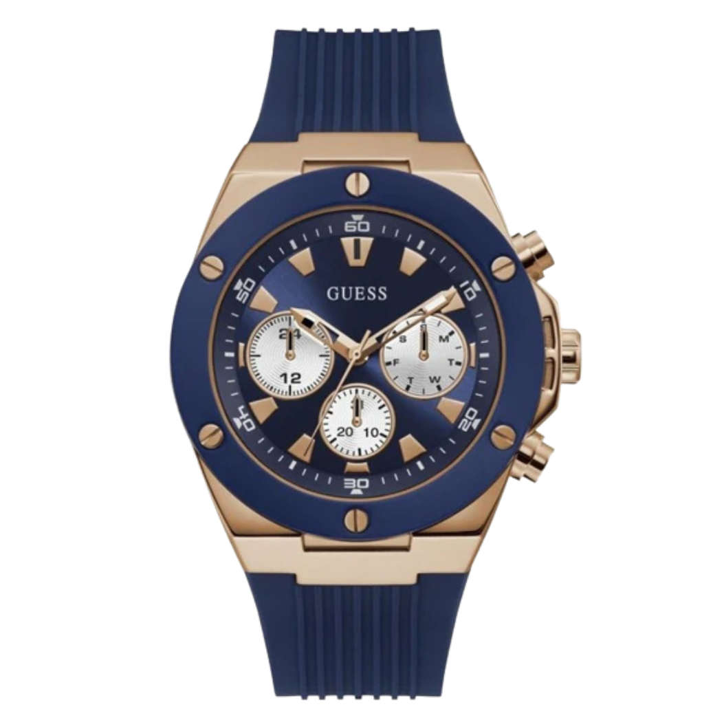 ساعة Guess كرونوغراف كوارتز للرجال، بسوار سيليكون أزرق ومينا أزرق - W0057G2