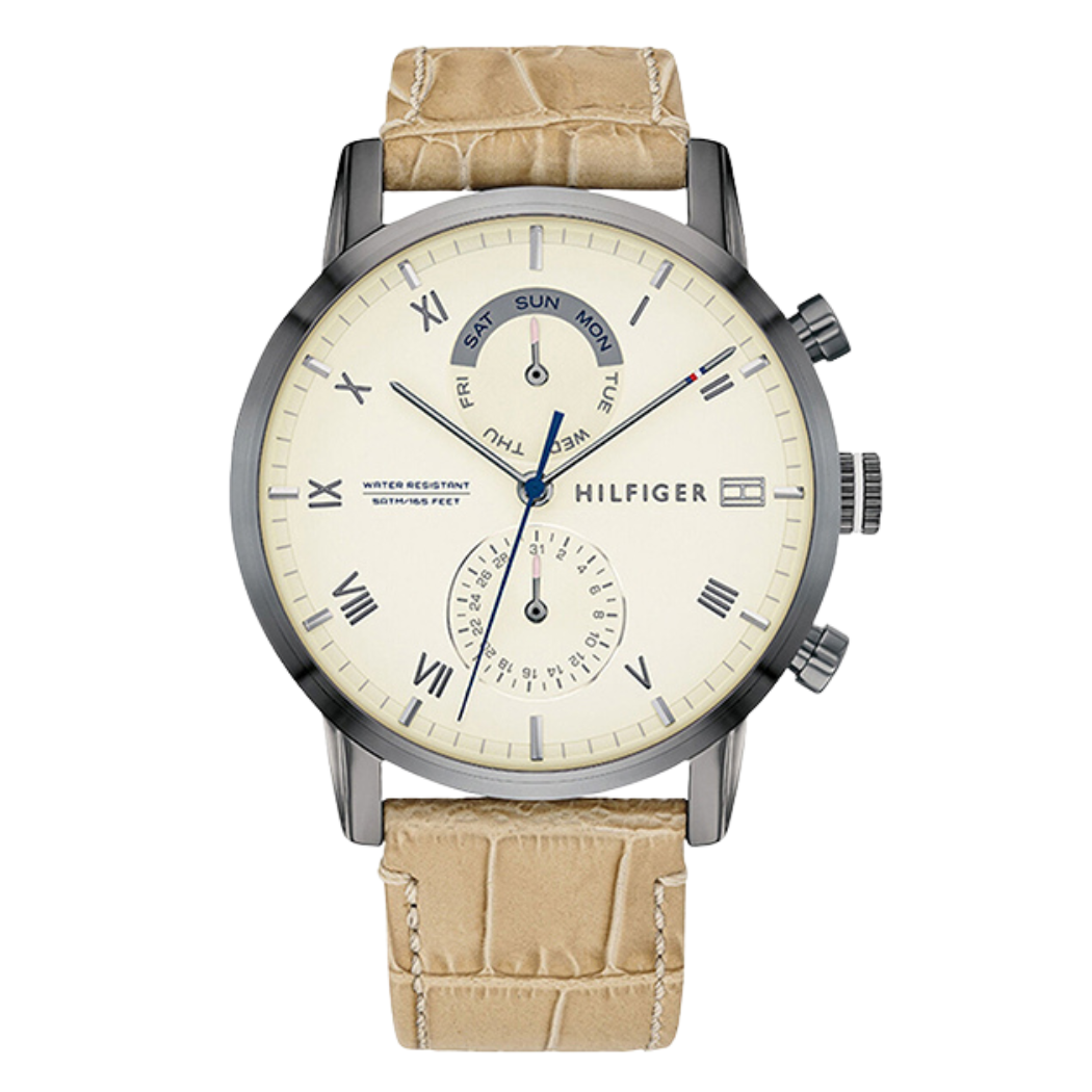 Tommy Hilfiger Kane Beige Leather Strap Cream Dial Chronograph Quartz Watch for Gents - 1710399
