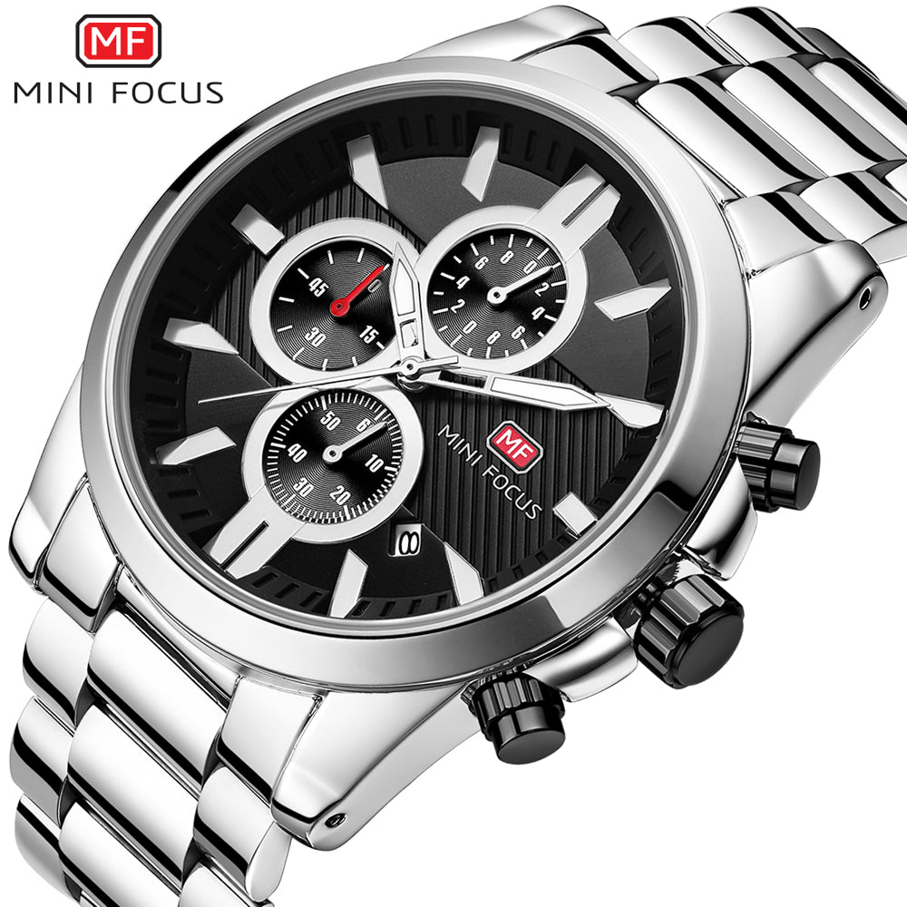 Mini Focus Silver Stainless Steel Black Dial Chronograph Quartz Watch for Gents - MF0134G-03