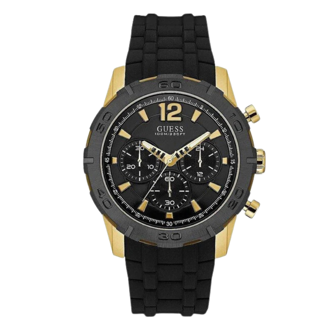 ساعة Guess Caliber كرونوغراف كوارتز للرجال، بسوار سيليكون أسود ومينا أسود - W0864G3