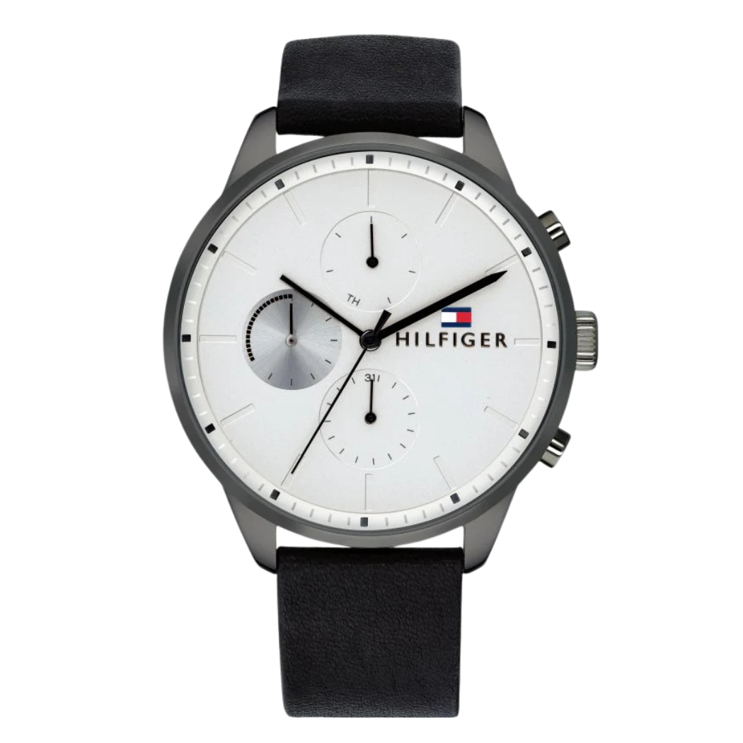Tommy Hilfiger Chase Black Leather Strap White Dial Chronograph Quartz Watch for Gents - 1791489