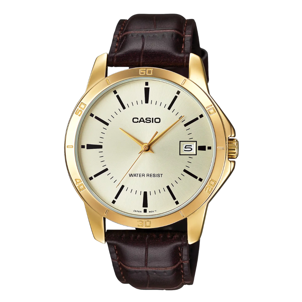 ساعة كاسيو رجالية كوارتز بسوار جلدي بني ومينا ذهبي - Casio MTP-V004GL-9AUDF AG