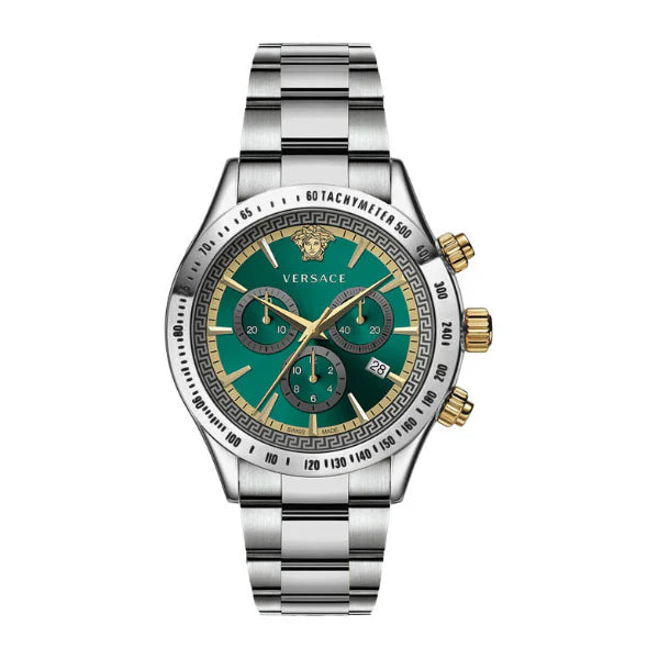 ساعة فيرساتشي الكلاسيكية للرجال، مصنوعة من الفولاذ المقاوم للصدأ الفضي، بمينا أخضر، كرونوغراف كوارتز - VEV700721