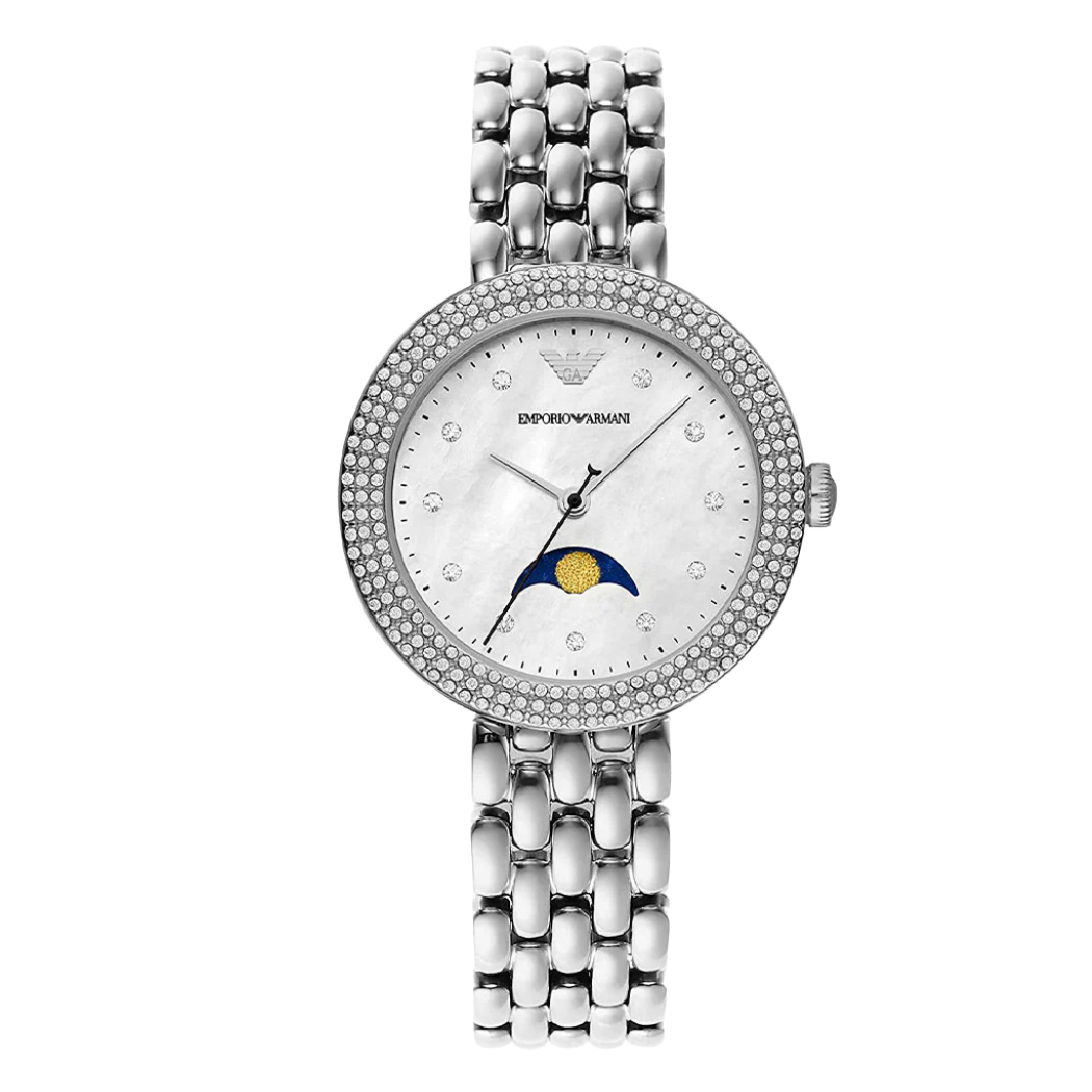 Emporio Armani Moonphase Silver Stainless Steel Mother Of Pearl Dial Quartz Watch for Ladies - AR11461