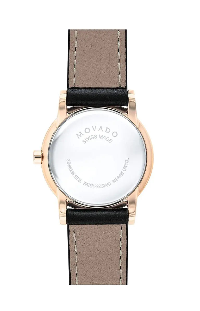 Movado Women’s Swiss Made Quartz Leather Strap Black Dial 28mm Watch 0607276