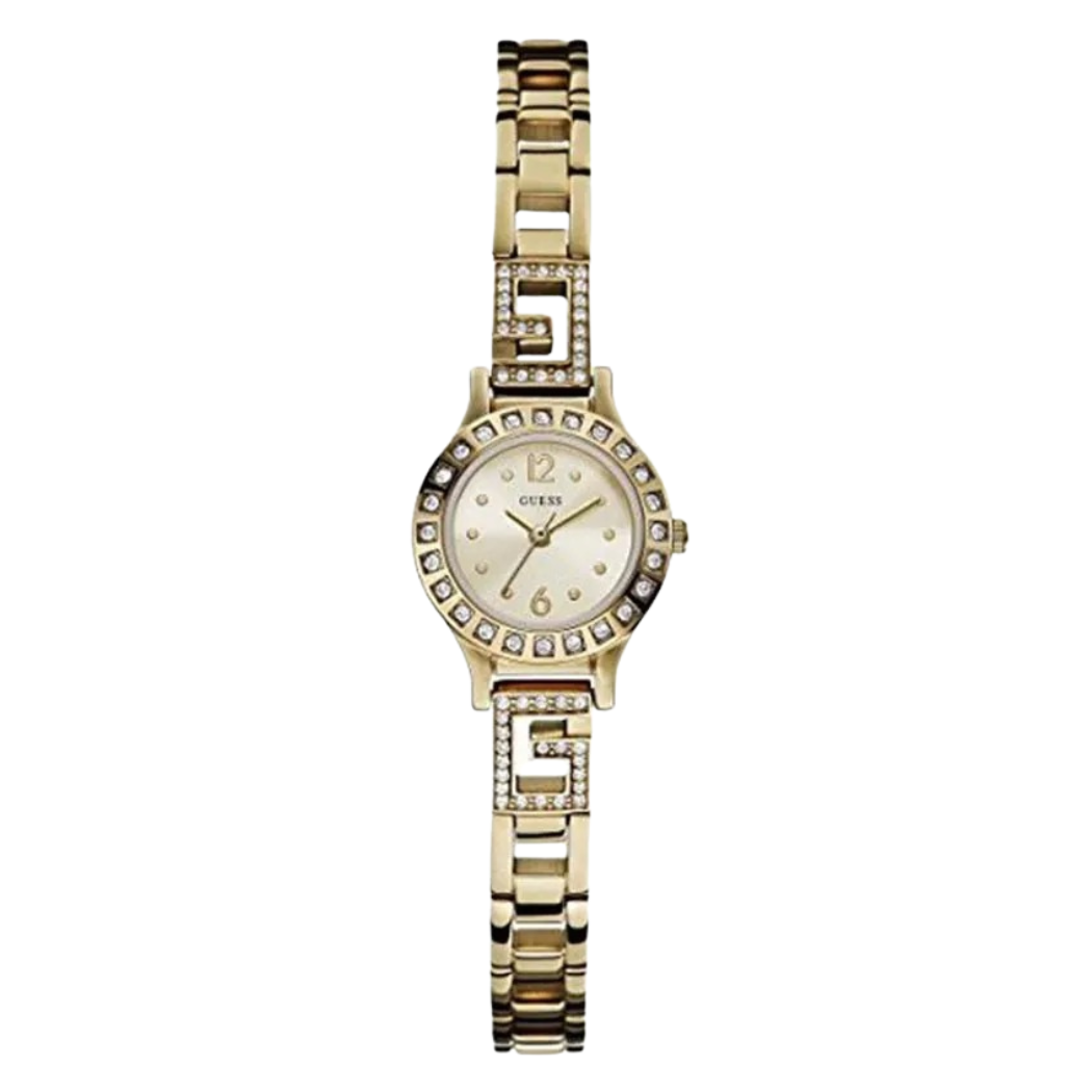 ساعة Guess Gold المصنوعة من الفولاذ المقاوم للصدأ، ذات مينا ذهبي، تعمل بنظام الكوارتز، للنساء - W0411L2