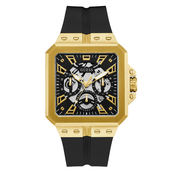 ساعة Guess Leo للرجال، سوار سيليكون أسود، مينا أسود، كوارتز - GW0637G2