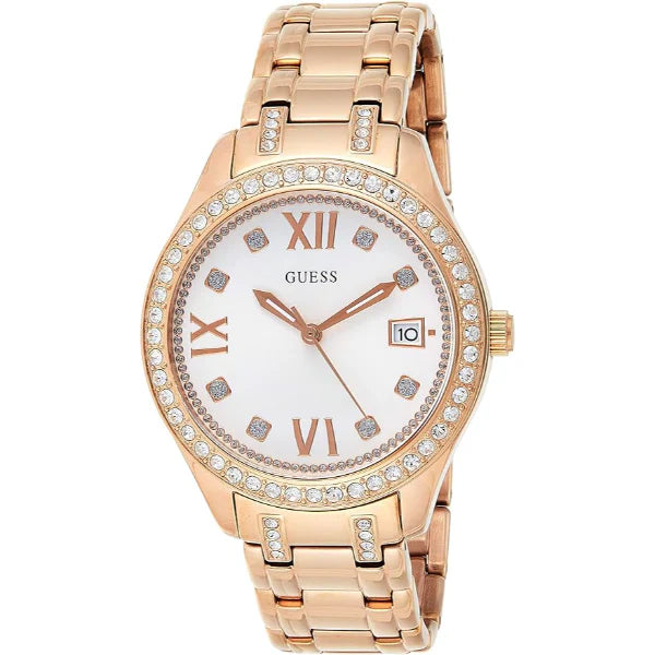 ساعة Guess ذهبية اللون من الفولاذ المقاوم للصدأ، مينا أبيض، كوارتز، للنساء - W0848L3