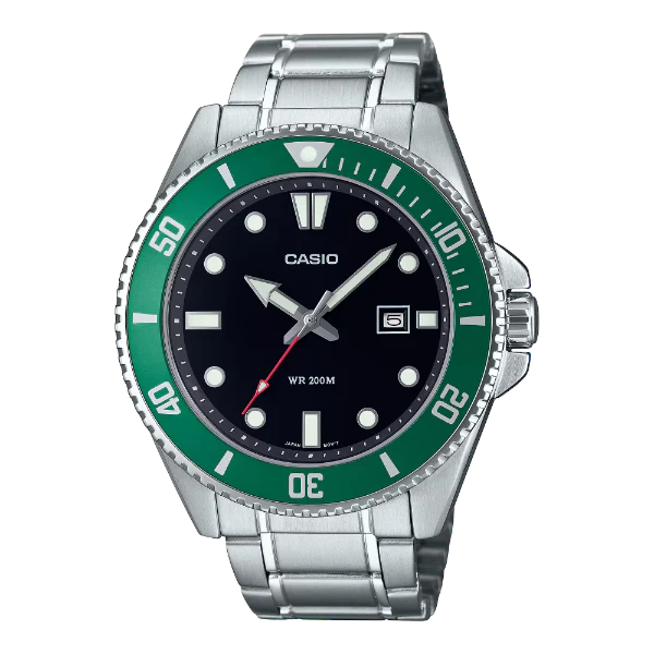 ساعة كاسيو كوارتز فضية اللون من الفولاذ المقاوم للصدأ، مينا أسود، للرجال - MDV-107D-3AVDF