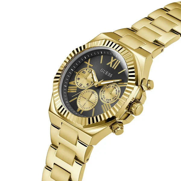 ساعة Guess Equity Gold المصنوعة من الفولاذ المقاوم للصدأ، ذات مينا أسود، كرونوغراف كوارتز للرجال - GW0703G5