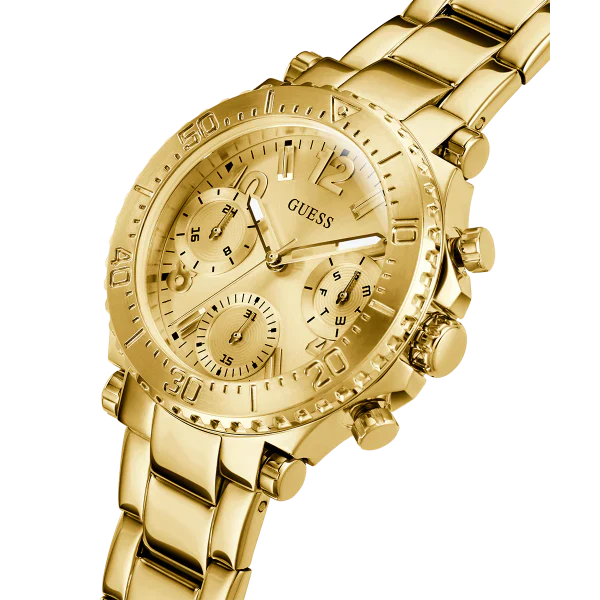 ساعة Guess Cosmic Gold النسائية، مصنوعة من الفولاذ المقاوم للصدأ، بمينا ذهبي، كرونوغراف كوارتز - GW0465L1
