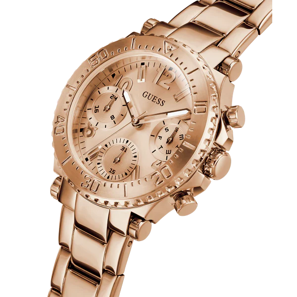 ساعة Guess Cosmic Rose Gold المصنوعة من الفولاذ المقاوم للصدأ، ذات مينا ذهبي وردي، كرونوغراف كوارتز، للنساء - GW0465L2