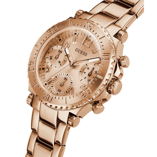 ساعة Guess Cosmic Rose Gold المصنوعة من الفولاذ المقاوم للصدأ، ذات مينا ذهبي وردي، كرونوغراف كوارتز، للنساء - GW0465L2