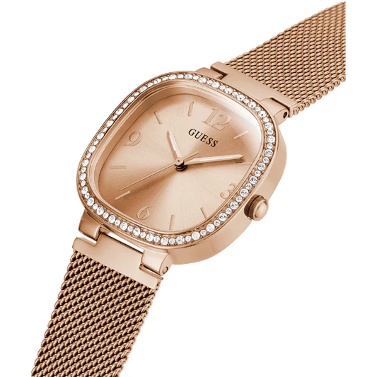 ساعة Guess النسائية، سوار شبكي ذهبي وردي، مينا ذهبي وردي، كوارتز - GW0354L3
