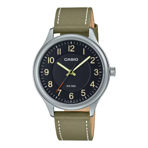 Casio Olive Green Leather Strap Black Dial Quartz Watch for Gents - MTP-B160L-1B2VDF