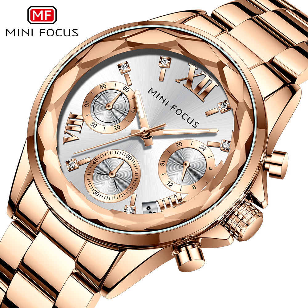 Mini Focus Rose Gold Stainless Steel Silver Dial Chronograh Quartz Watch for Ladies - MF0466L-03