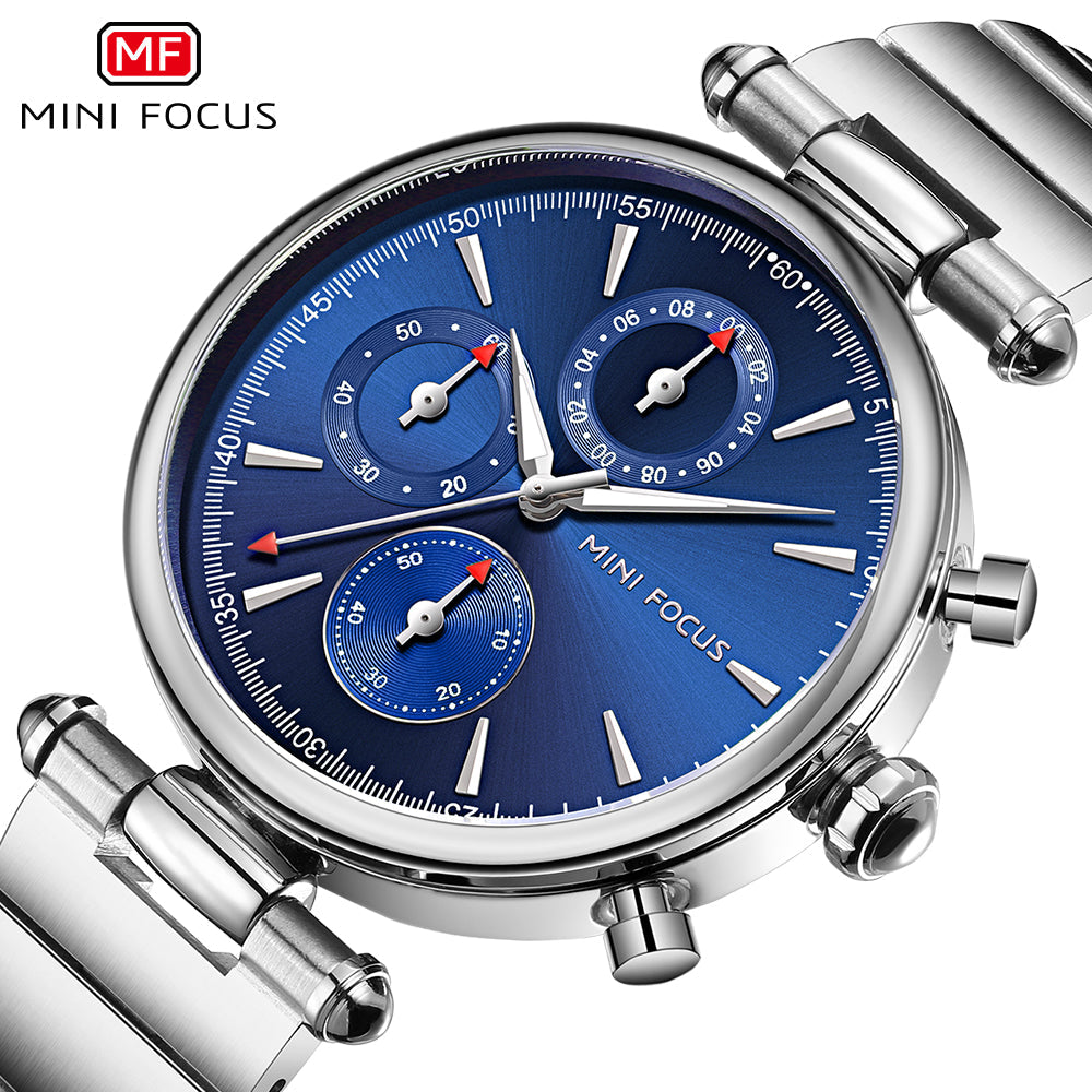 Mini Focus Silver Stainless Steel Blue Dial Chronograph Quartz Watch for Ladies - MF0494L-02