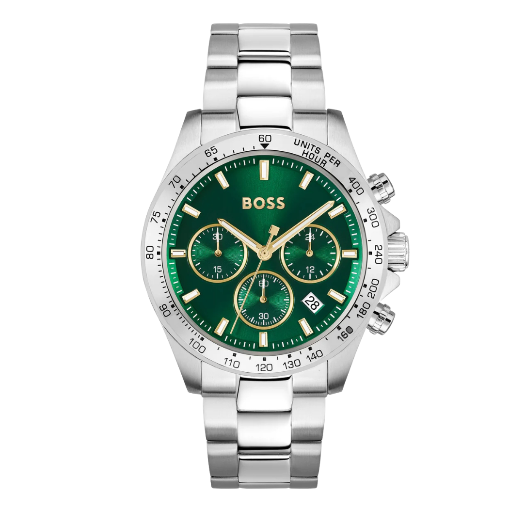 Hugo Boss Silver Stainless Steel Green Dial Chronograph Quartz Watch for Gents - Hugo Boss 1514217