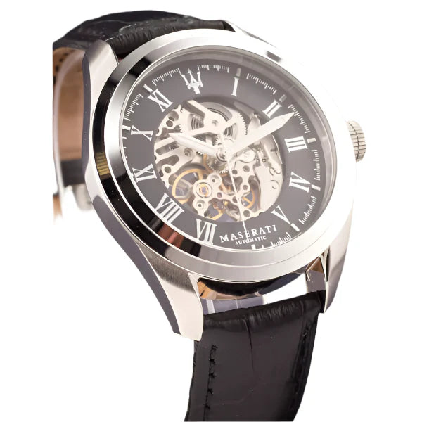 Maserati Traguardo Black Leather Strap Black Dial Automatic Watch for Gents - R88723140011