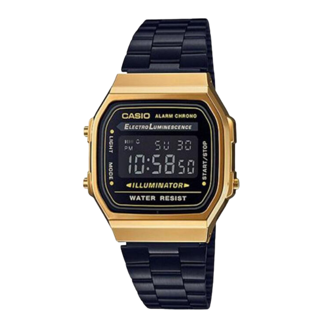 Casio Black Ion‑Plated Stainless Steel Black Dial Digital Quartz Watch for Men & Women – A‑168WEGB‑1BDF