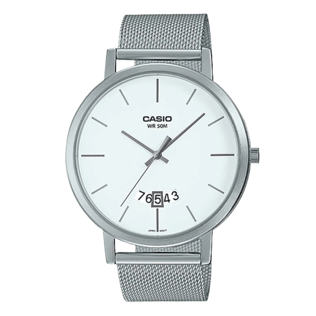 Casio Silver Stainless Steel Mesh Bracelet White Dial Analog Quartz Watch for Men – MTP-B100M-7EVDF
