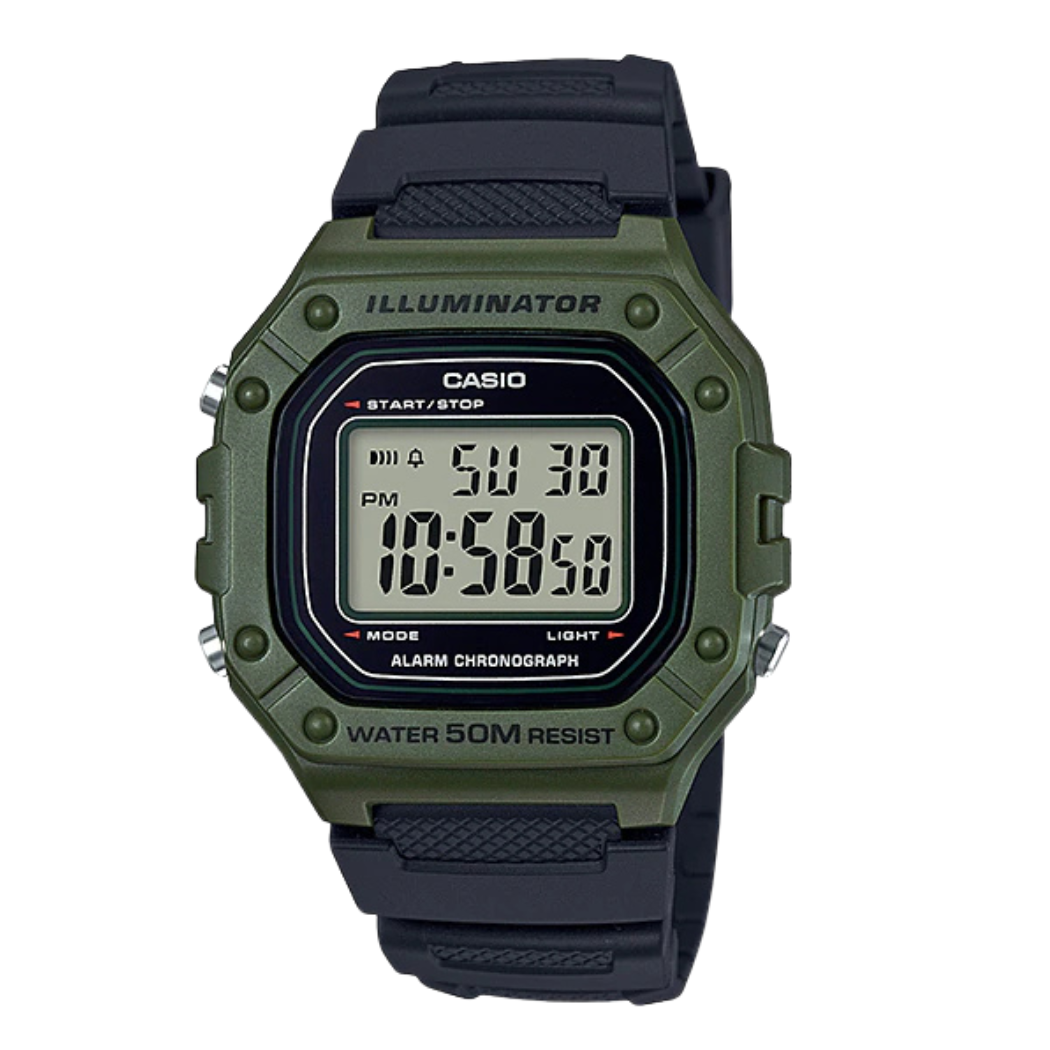 Casio Green Resin Strap Gray Digital Quartz Watch for Men – W-218H-3AVDF