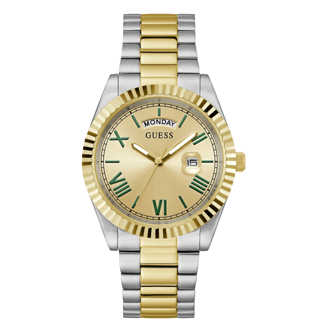 ساعة Guess Connoisseur ثنائية اللون من الفولاذ المقاوم للصدأ، مينا ذهبي، كوارتز للرجال - GW0265G14