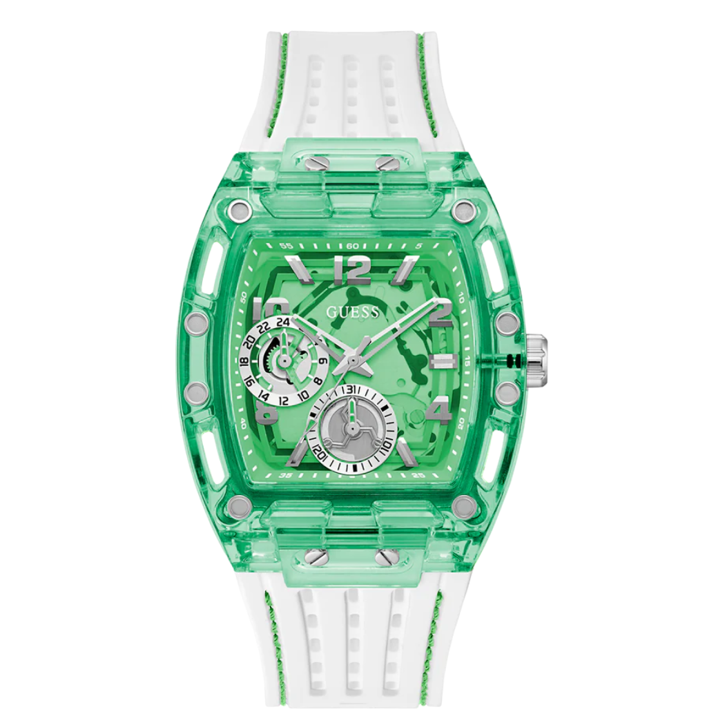 ساعة Guess Phoenix بيضاء من السيليكون بمينا أخضر كوارتز للرجال - GW0499G10