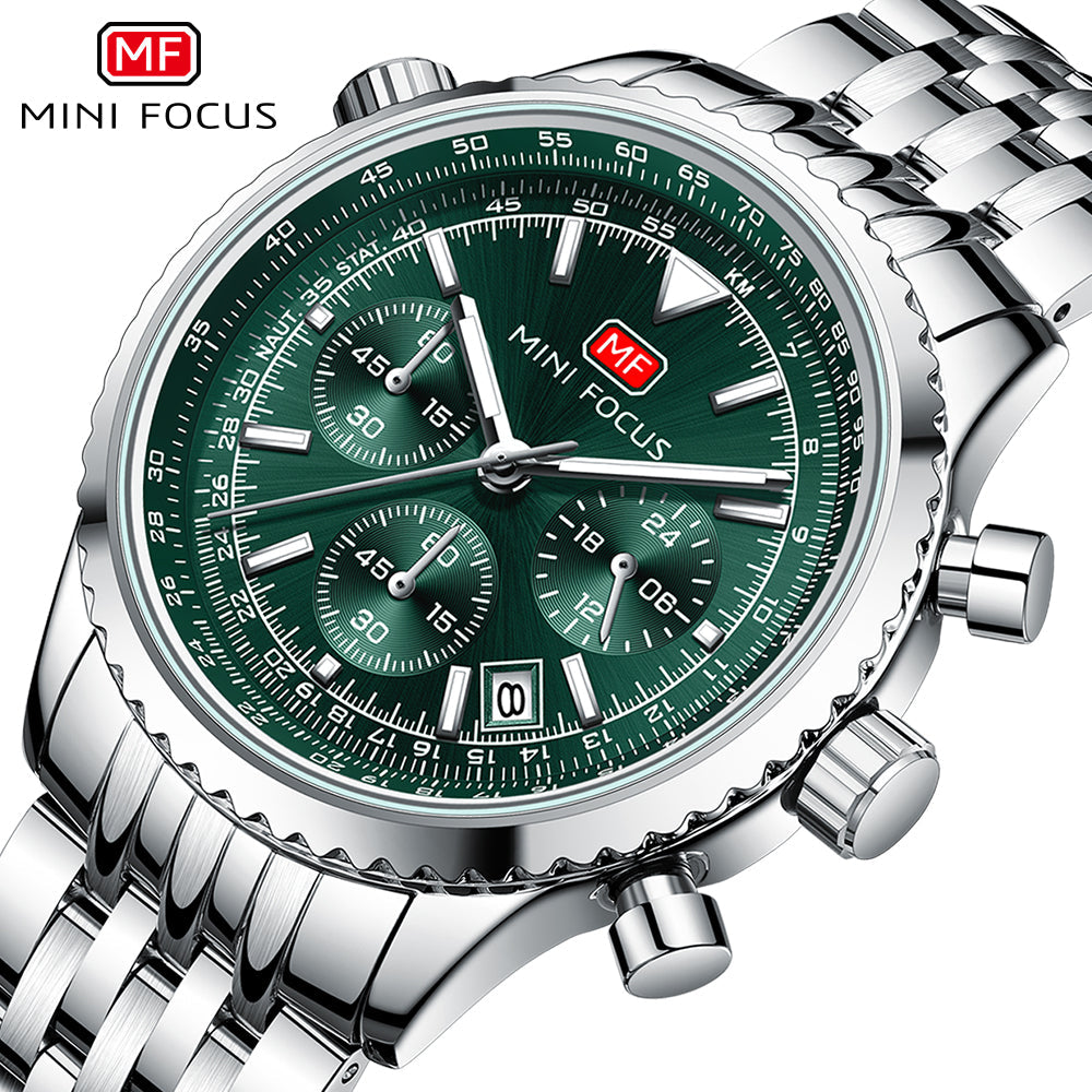 Mini Focus Silver Stainless Steel Green Dial Chronograh Quartz Watch for Gents - MF0463G-02
