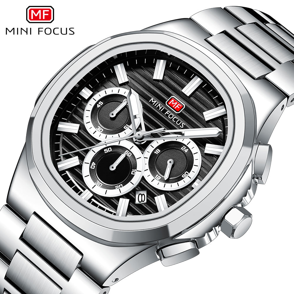 Mini Focus Silver Stainless Steel Black Dial Chronograph Quartz Watch for Gents - MF0610G-01