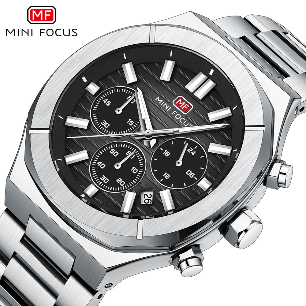 Mini Focus Silver Stainless Steel Black Dial Chronograph Quartz Watch for Gents - MF0612G-01