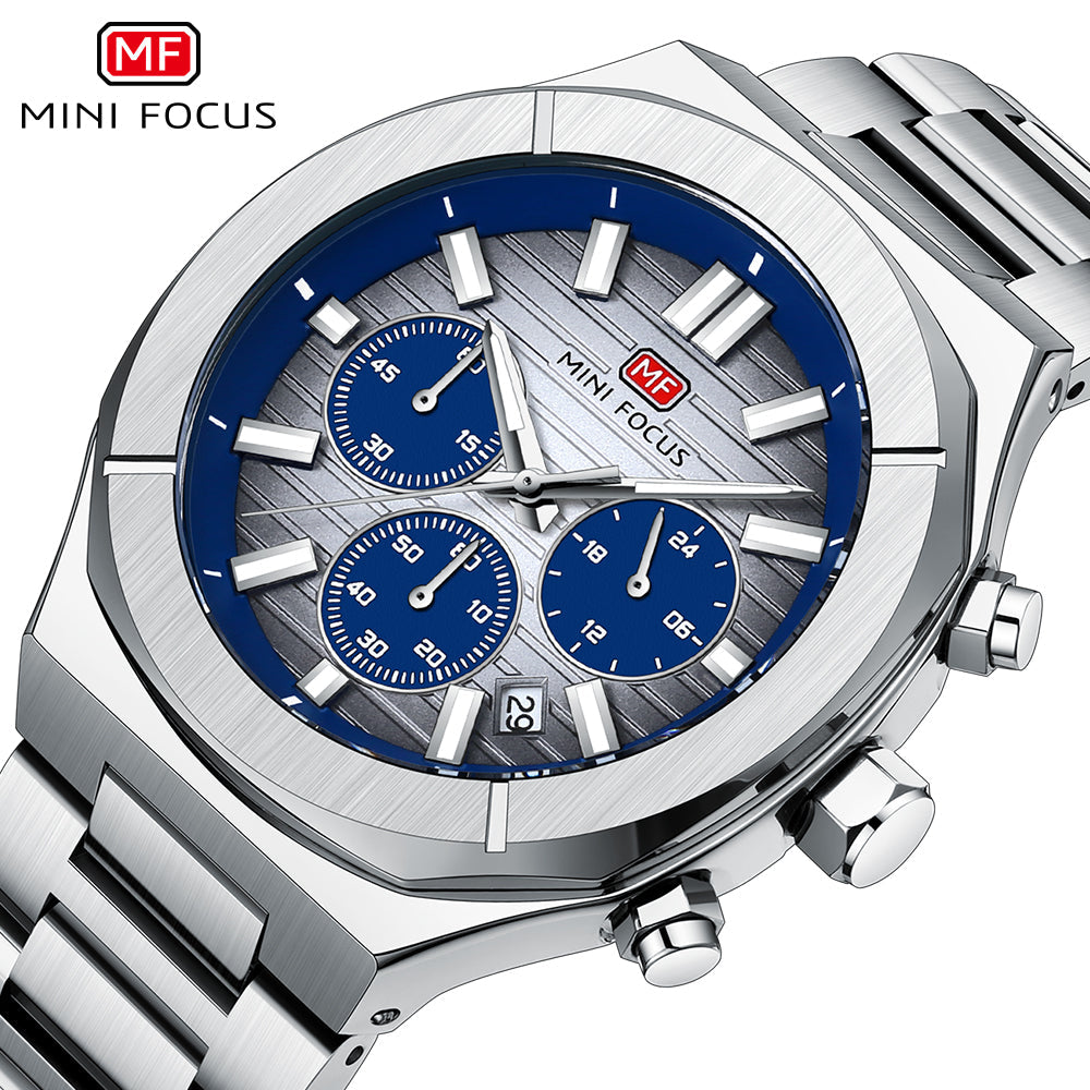 Mini Focus Silver Stainless Steel Blue Dial Chronograph Quartz Watch for Gents - MF0612G-02