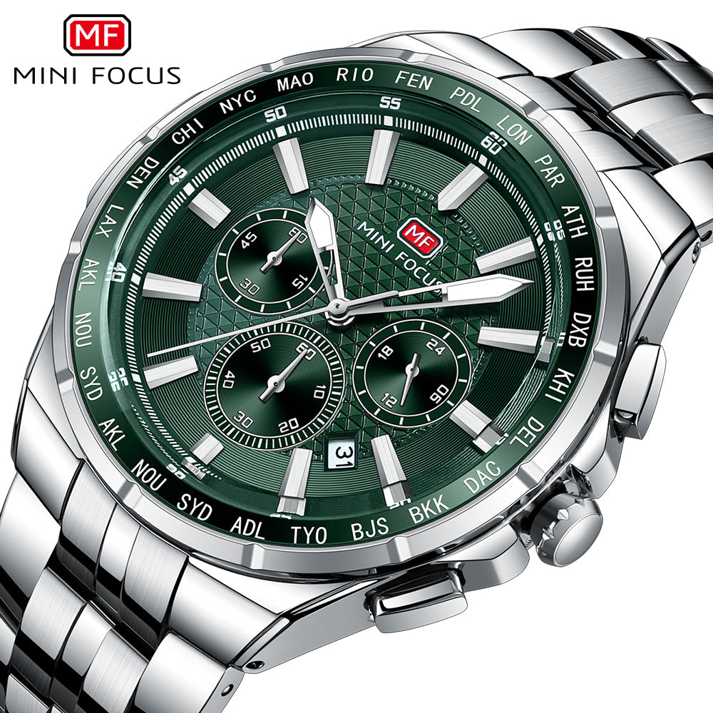 Mini Focus Silver Stainless Steel Green Dial Chronograph Quartz Watch for Gents - MF0613G-02