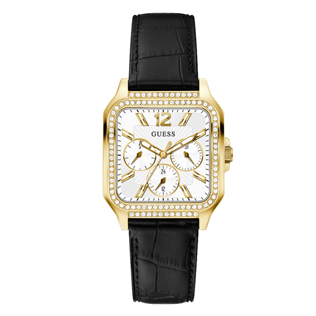 ساعة Guess النسائية ذات سوار جلدي أسود ومينا أبيض وحركة كوارتز - GW0309L2