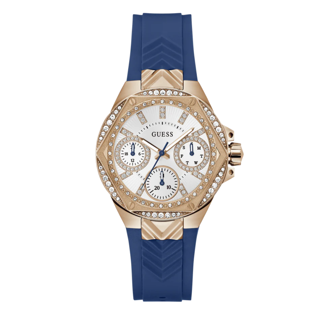 ساعة Guess النسائية ذات سوار سيليكون أزرق ومينا أبيض وحركة كوارتز - GW0774l3