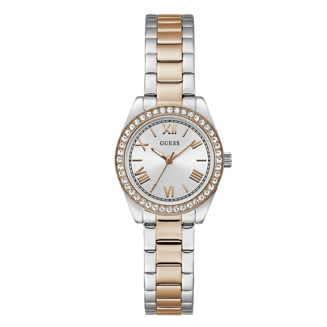 ساعة Guess ثنائية اللون من الفولاذ المقاوم للصدأ، مينا فضي، كوارتز، للنساء - GW0841L3
