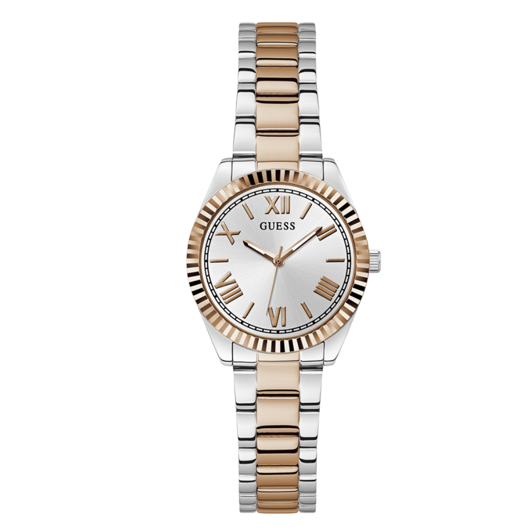 ساعة Guess ثنائية اللون من الفولاذ المقاوم للصدأ، مينا فضي، كوارتز، للنساء - GW0687L3