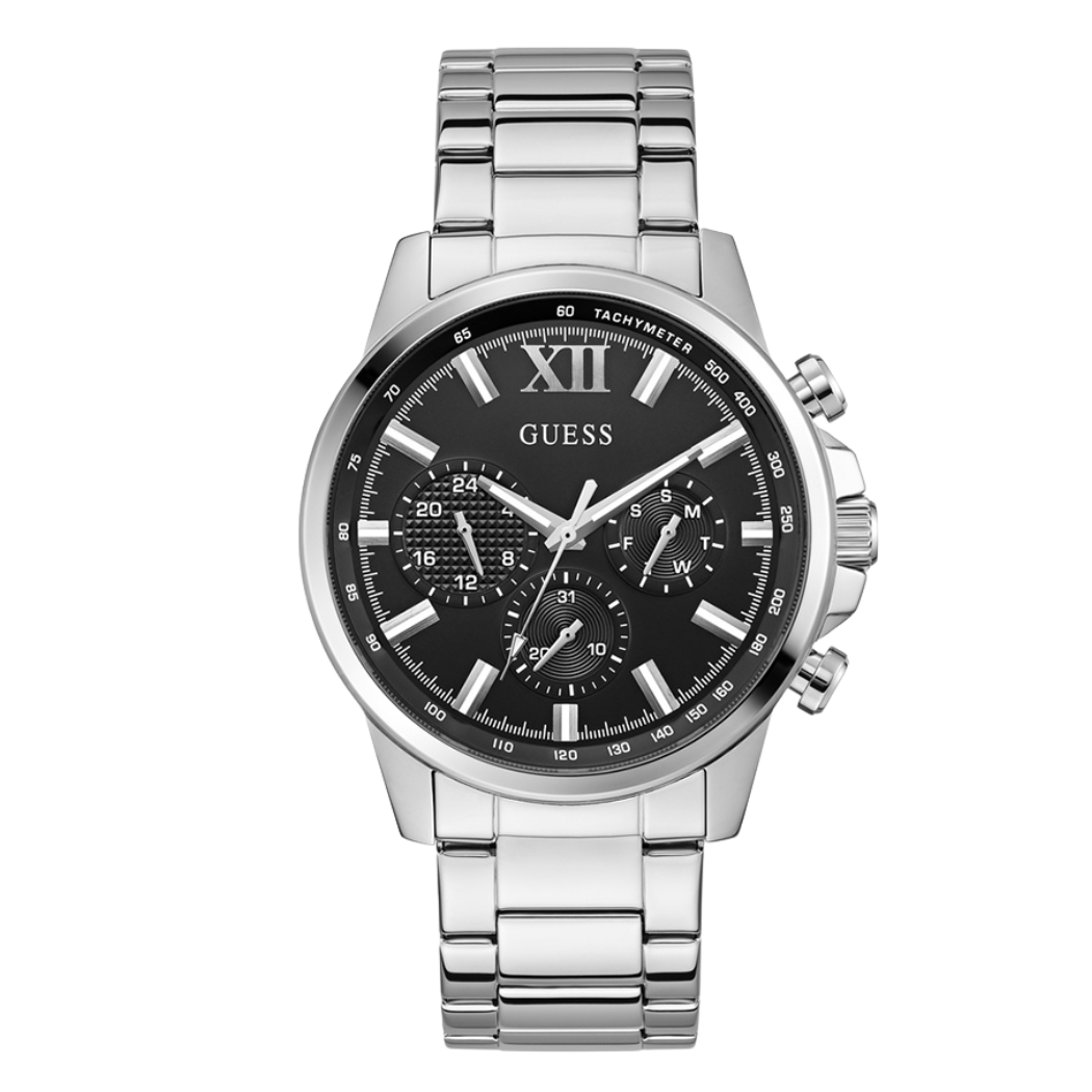 ساعة Guess كرونوغراف كوارتز فضية اللون من الفولاذ المقاوم للصدأ، مينا أسود، للرجال - GW0900G1