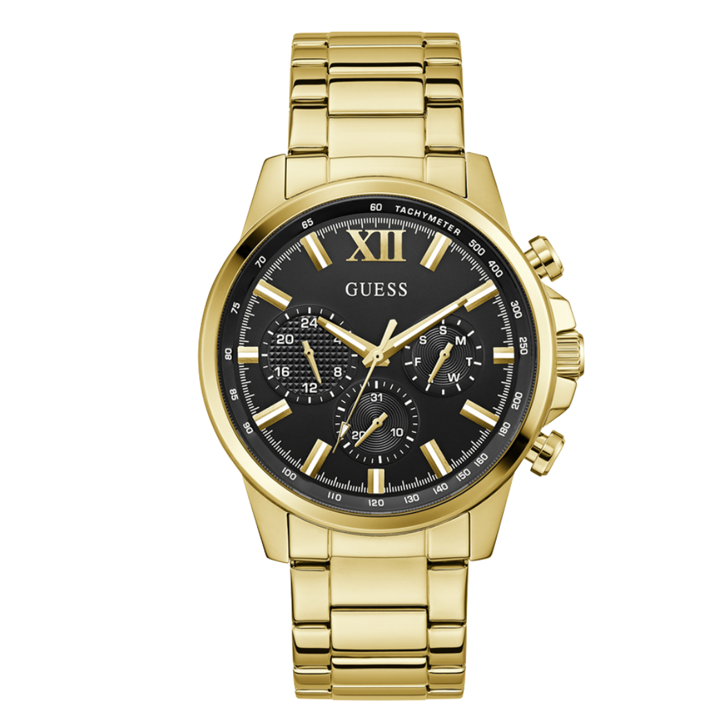 ساعة Guess ذهبية اللون من الفولاذ المقاوم للصدأ، مينا أسود، كرونوغراف كوارتز للرجال - GW0900G3